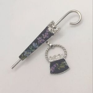 Vintage Petit Point Embroidered Parasol/Umbrella and Purse Brooch, Austrian